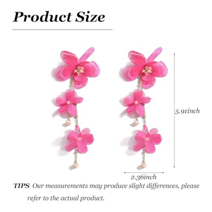 Flower Earrings for Women Long Fabric Flower Tassel Earrings Bohemian Handmade Floral Statement Earring Wedding Prom Jewelry Gifts - color: A2：hot pink