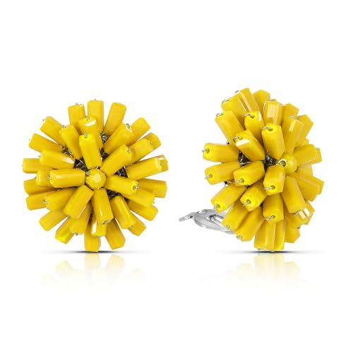 Vibrantly Bright Fluorescent Yellow Burst Crystal Bead Cluster Clip-On Earrings