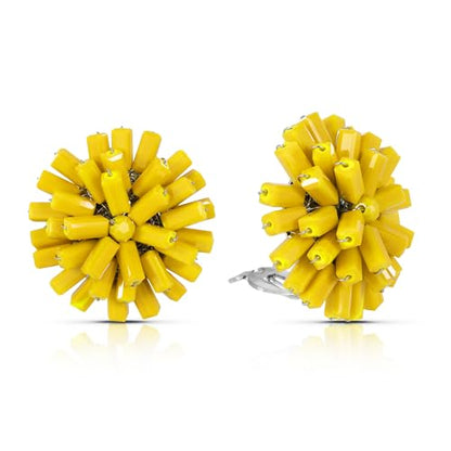 Vibrantly Bright Fluorescent Yellow Burst Crystal Bead Cluster Clip-On Earrings