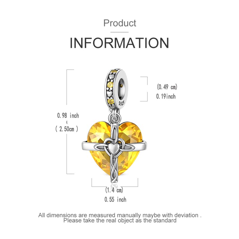 LNQOBU Birthstone Charm for Bracelets,925 Sterling Silve Heart Dangle Charms for Pandora Bracelets - color: K-November