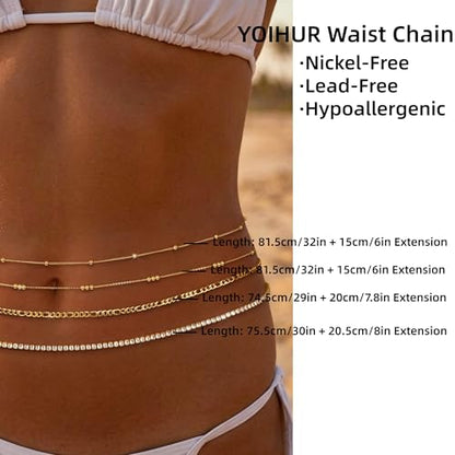 YOIHUR 14K Gold Filled Waist Chain, Bohemian Layered Belly Chain, Body Chain, Hypoallergenic Bikini Beach Jewelry, Multiple Pack Sizes, Ideal Gift for Women - style: 2 PCS: Single Lucky Bead + 3 Lucky Bead Waist Chain