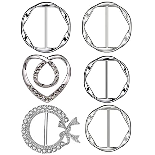 6PCS Silk Scarf Ring Clip T-shirt Tie Clips for Women Waist Buckle for Shirts Clothing Silver Zinc Alloy Clothing Ring Wrap Holder