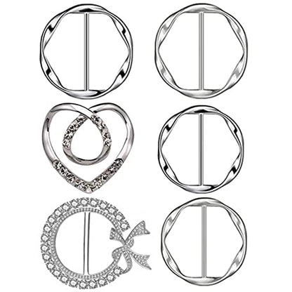 6PCS Silk Scarf Ring Clip T-shirt Tie Clips for Women Waist Buckle for Shirts Clothing Silver Zinc Alloy Clothing Ring Wrap Holder