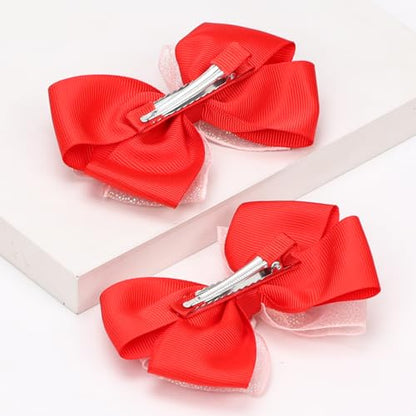 KISZU 4.5 Inch Flower Hair Bows Clips Mermaid Pearl HairPins for Girls Children Teens and Women - color: Red