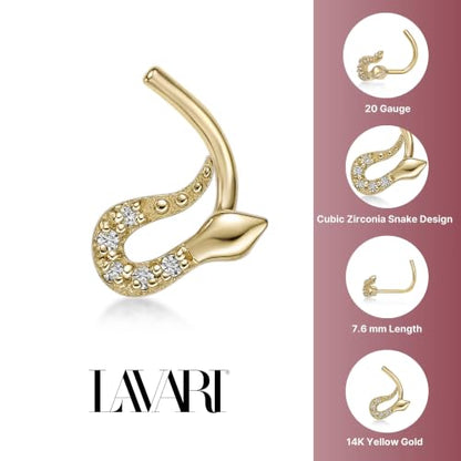 Lavari Jewelers 20 Gauge Curved Screw Nose Stud for Women - 14k Yellow Gold Cubic Zirconia Nose Ring for Her - CZ Unisex Hypoallergenic Nostril Piercing Jewelry - 20G Body Piercing for Men - style: Snake