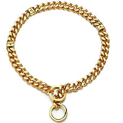 Adjustable 18K Gold Dog Collar Slip Choker Stianless Steel 15mm Big Dog Puppy Necklace Choke Chain Training Collar Cuban Link with Engraving Custom m - size: M