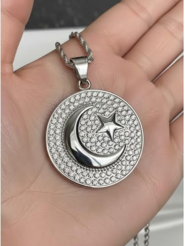 Crescent Moon & Star Pendant Necklace – 14k White Gold Finish Iced Star Moon Universe Charm, 2.5mm Rope Chain Stainless Steel Jewelry - size: 22" Necklace