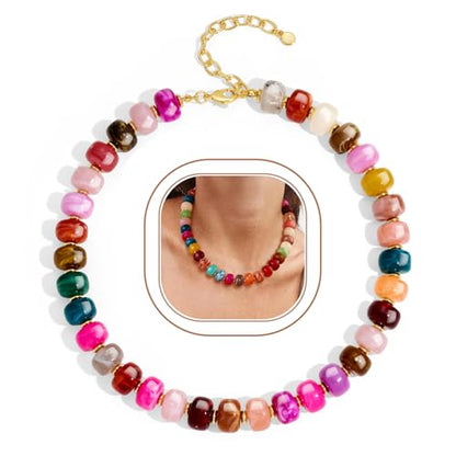 Beaded necklace for Women Boho Bead Gemstone Chunky Necklace Big Bead Necklace Fashion Trendy Summer Necklaces Jewelry Gifts - color: Colorful Beaded