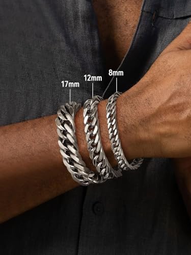 FaithHeart Mens Stainless Steel Cuban Link Bracelet, Tarnish Resistant | 6/8/12/17mm Silver/Black/Gold Sturdy Hip Hop Wrist Chain Bracelets Daily Wear with Gift Box, 7.5"/8.3"/9.1" Length - color: A. Silver-8mm Width, size: Length 7.5 Inches