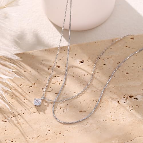 Layered Choker Necklace for Women Stackable Chain Dainty Zircon Pendant Set | 2PCS, Silver/14K Gold Plated, Box/Ball/Rope/Lip chain, Layering Diamond Cut CZ Pendant, Dainty Thin Chain, Trendy Prom Gift - color: Silver, style: Style 02