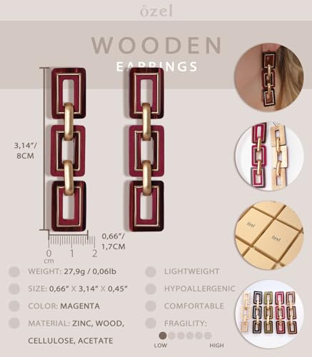 Ozel - Natural Wooden Acrylic Boho Drop Dangle Earrings for Women - Geometric Statement Jewellery - Brown, Black, Magent Red, Olive Green, White beige - color: 3Square_Magenta
