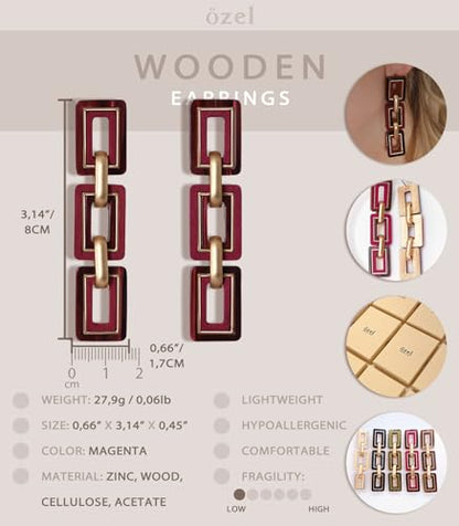 Ozel - Natural Wooden Acrylic Boho Drop Dangle Earrings for Women - Geometric Statement Jewellery - Brown, Black, Magent Red, Olive Green, White beige - color: 3Square_Magenta