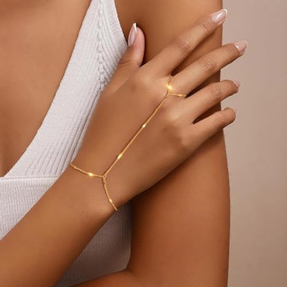 Eaciy 3PCS Gold Hand Chain Bracelets for Women, 18K Gold Plated Dainty Stackable Hand Chain Bracelet Ring Gold Bracelets for Women Trendy Gold Jewelry Set - color: 10-Bar-Hand Chain