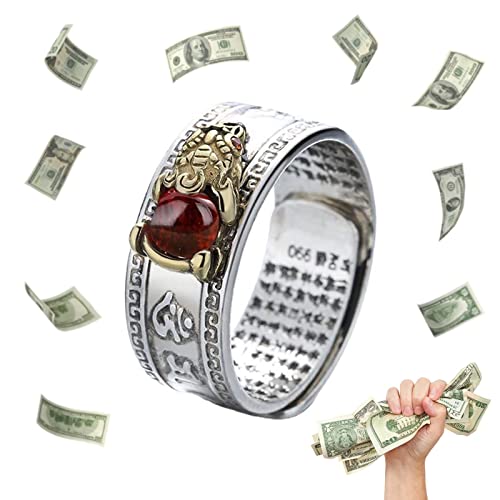HETICA Feng Shui Pixiu Mantra Amulet Lucky Adjustable Ring | Buddhist Good Luck Mantra, Double Protection, Wealth Love Health, Vintage, Jewelry Gift
