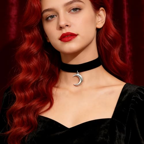 Black Choker for Women, Adjustable Layered Velvet Leather Lace Collar necklace, Goth necklace Gifts - color: Moon Silver