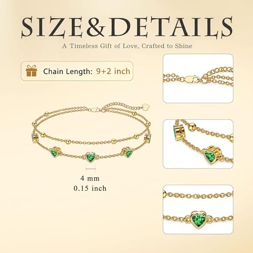 Midari 18K Yellow Gold Gemstone Birthstone Anklet Bracelet Heart Jewelry with 12 Months Birthstone Birthday Gifts for Women Wife Her Daughter Mom - color: 05-May-Emerald, size: Anklet 9"-11"