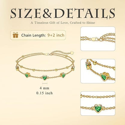Midari 18K Yellow Gold Gemstone Birthstone Anklet Bracelet Heart Jewelry with 12 Months Birthstone Birthday Gifts for Women Wife Her Daughter Mom - color: 05-May-Emerald, size: Anklet 9"-11"