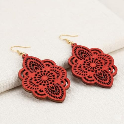 Boho Black Filigree Dangle Earrings for Women, Lightweight Hollow Lace Drop, Wood, 3.34" x 1.69", Bohemian Jewelry - color: Red
