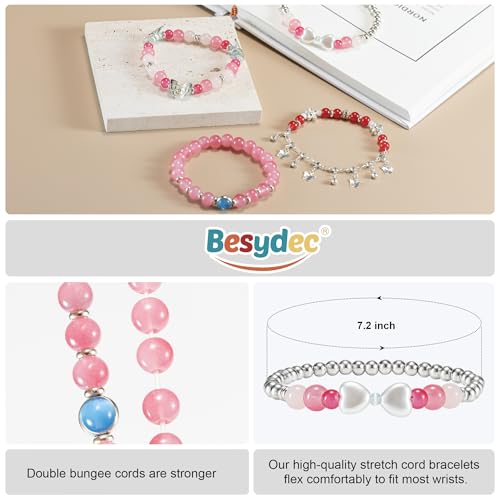 Besydec Stackable Boho Beaded Bracelets With Natural Stone & Pearl Heart & Clay Beads for Women,Adjustable Silver Jewelry - color: Red Silver