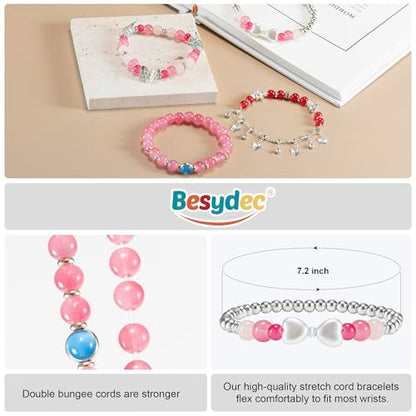 Besydec Stackable Boho Beaded Bracelets With Natural Stone & Pearl Heart & Clay Beads for Women,Adjustable Silver Jewelry - color: Red Silver