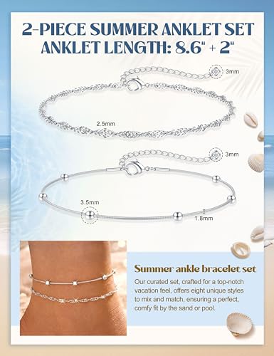 Subiceto Ankle Bracelets for Women Waterproof - 14K Gold Plated Non Tarnish Anklets Set Dainty Stainless Steel Stackable Layered for Beach Summer Jewelry Adjustable - color: 2Pcs-Silver