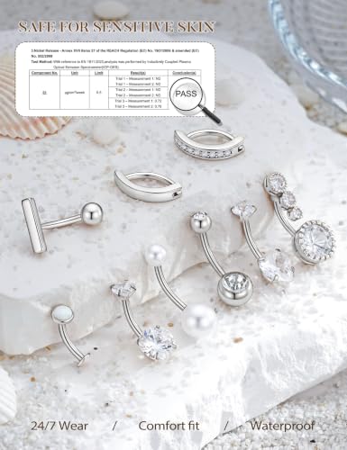 Hypoallergenic Belly Button Ring for Women | 14G, Stainless Steel, Gold Heart CZ Beaded Ball Pearl Belly Ring Stack, Curved Navel Belly Button Piercing Body Jewelry, 9PCS - color: 9PCS-Silver Plated