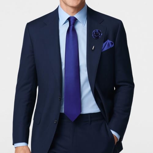 Solid Color Tie and Pocket Square with Tie Clip Lapel Pin Silk Formal Necktie Set Wedding Formal - color: Navy