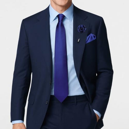 Solid Color Tie and Pocket Square with Tie Clip Lapel Pin Silk Formal Necktie Set Wedding Formal - color: Navy