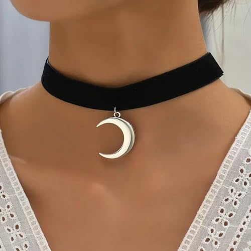 Fesciory Black Necklaces for Women, Adjustable Layered Velvet Leather Lace Collar Necklace, Goth Jewelry Gifts. - color: Moon(Silver)1