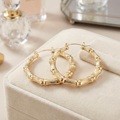 PAGOW 3 Pairs Large Bamboo Earrings, 14K Gold Plated Hoop Bamboo Earrings | Round Hoop Y2K Earrings, Hypoallergenic 80s 90s Shiny Hip Hop Earring Hoops for Women Jewelry Party - 3 Sizes - color: gold,hoop 3 sizes