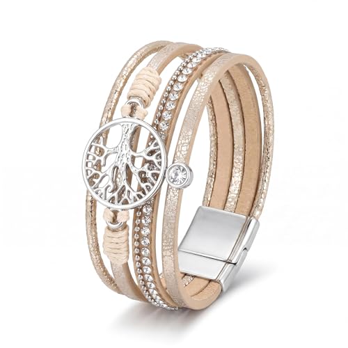 Edoneery Leather Wrap Bracelets for Women, Boho Layered Cuff Bangle | Multi-layer Leather Cuff, Daily wear, Stackable Bangle, Easy on-off, Western Jewelry Gifts for Women - color: Beige-1