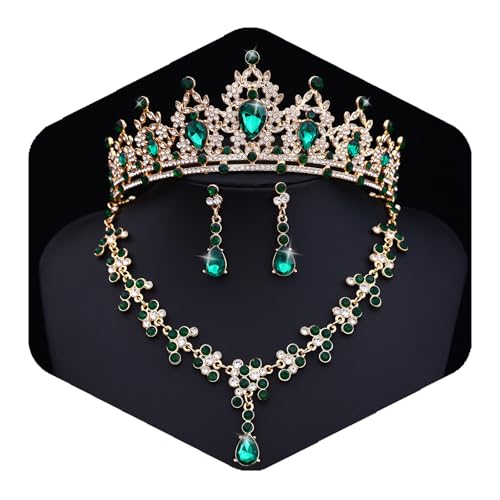 Crystal Crown and Tiara Jewelry Set for Women Bride with Necklace Earrings | Metal Rhinestone Royal Queen Princess Jewelry Set Wedding Quinceanera Pageant Prom Birthday Halloween Party Costume Gift - color: Green