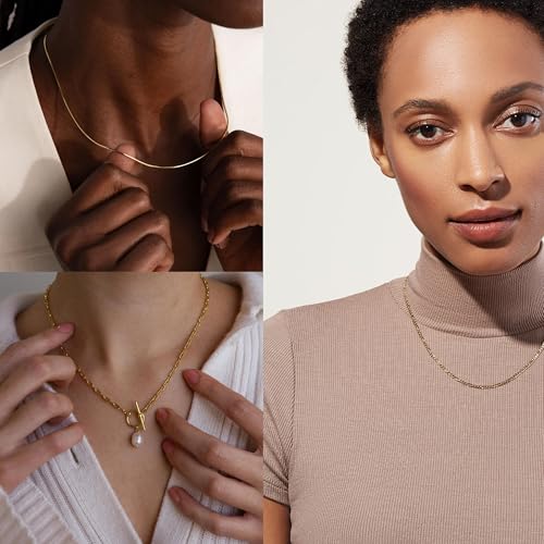 Layered Gold Necklaces for Women, Dainty 14K Gold Plated Cute Pearl Pendant Necklace Jewelry Set Stackable Toggle Chain Choker Collar, Trendy Waterproof Non Tarnish Jewelry Gift - style: Necklace 01-GD