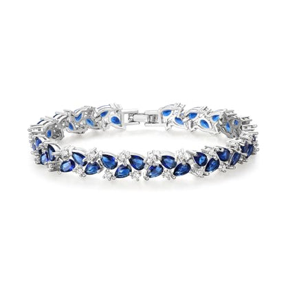Crysdue Marquise Teardrop Cubic Zirconia Wedding Bridal & Prom Tennis Bracelets for Brides Bridesmaids, Silver/Gold/Rose Gold Plated Bracelet Gifts for Women - style: A_Blue Silver Tone 7.5"
