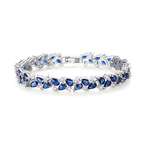 Crysdue Marquise Teardrop Cubic Zirconia Wedding Bridal & Prom Tennis Bracelets for Brides Bridesmaids, Silver/Gold/Rose Gold Plated Bracelet Gifts for Women - style: A_Blue Silver Tone 7.5"