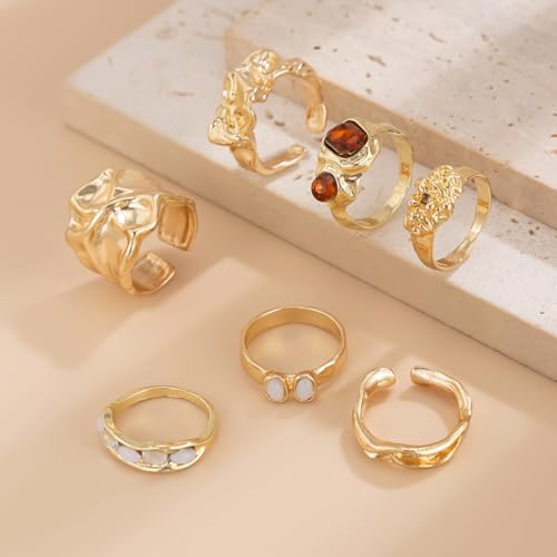 Chunky Gold Statement Rings for Women Dainty Gemstone Crystal Ring Stackable Opening Adjustable Knuckle Bold Thick Irregular Ring Set Vintage Jewelry