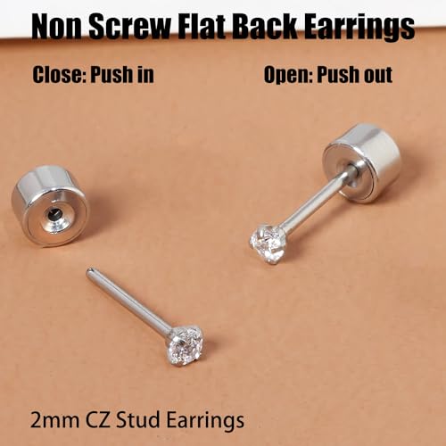 Threadless Flat Back Earrings, Hypoallergenic 14K Real Gold Plated CZ Stud Earrings | Cartilage Earring | Tragus Helix Piercing Jewelry | Push in Flatback Earrings for Women Men - color: Silver, size: 2 Millimeters