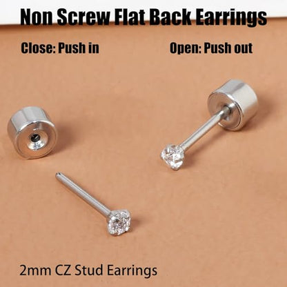 Threadless Flat Back Earrings, Hypoallergenic 14K Real Gold Plated CZ Stud Earrings | Cartilage Earring | Tragus Helix Piercing Jewelry | Push in Flatback Earrings for Women Men - color: Silver, size: 2 Millimeters