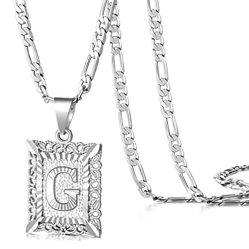 KissYan Initial Necklaces for Women Men | 14K Gold Filled/White Gold Plated, Square Letter Capital Monogram Pendant with 20''+2'' Figaro Chain, Alphabets from A-Z - color: 2-Silver, style: G