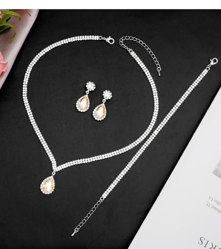 Elegant Silver Crystal Wedding Necklace Earrings Bracelet Jewelry Set for Women Brides Bridesmaids Prom Party Costume Accessory Bridal Jewelry - color: silver-champagne