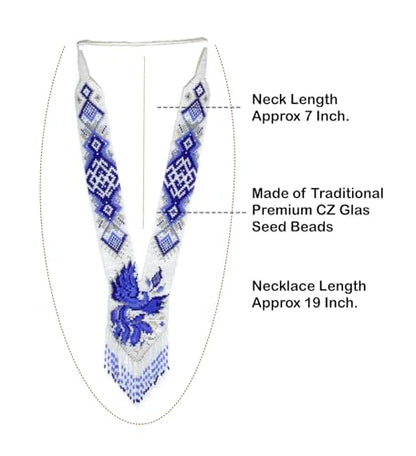 Long Beaded Necklace – Boho Native Handmade Seed Bead Tassel Necklace, Bohemian Large Statement Beaded Necklace for Women - color: White Royale Blue