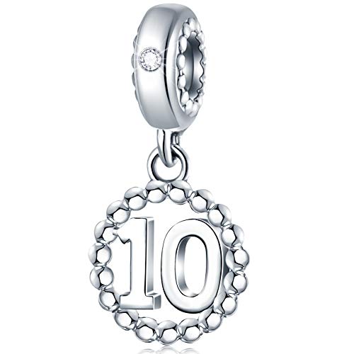 5,10,15,16,17,18,20,21,25,30,35,40,42,49,50,55,60,65,70 Number Charms for European Bracelet, 925 Sterling Silver Birthday Pendant Beads with CZ, Gifts for Mothers Day/Anniversary - color: Clear