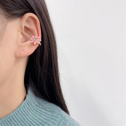 Cute Daisy Flower Ear Cuff Earring Cartilage Clip On Non Piercing Lovely Sweet 14K Gold Plated White/Pink Enamel Floral Fake Huggie Hoops Earrings for Women Hypoallergenic Fashion Trendy Jewelry Gifts 14*15mm - color: Pink