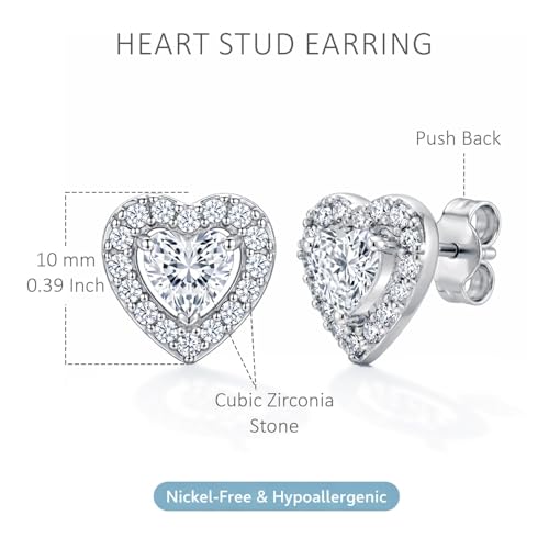 LeCalla 925 Sterling Silver CZ Stud Earrings for Women | Cubic Zirconia Halo & Heart Stud Earring | Rhodium-Plated Silver Jewelry for Her Mom Wife - color: Heart Shaped Studs