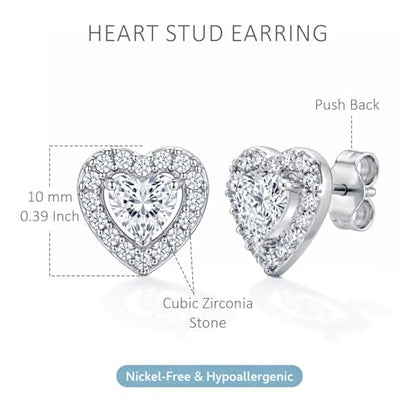 LeCalla 925 Sterling Silver CZ Stud Earrings for Women | Cubic Zirconia Halo & Heart Stud Earring | Rhodium-Plated Silver Jewelry for Her Mom Wife - color: Heart Shaped Studs