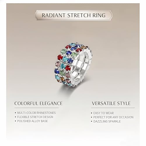 Sparkling Rhinestone Ring Set Trendy Elastic Rhinestone Crystal Stretch Ring Stackable Jewelry for Women Girls - color: 3 Rows Ring-Colorful