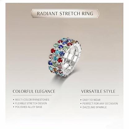 Sparkling Rhinestone Ring Set Trendy Elastic Rhinestone Crystal Stretch Ring Stackable Jewelry for Women Girls - color: 3 Rows Ring-Colorful