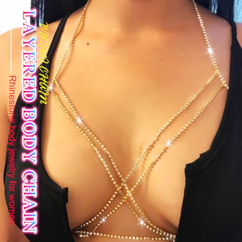 Nicute Rhinestone Body Chain Jewelry Gold Bra Jewelry Bling Plus Size Body Chains for Women - color: Gold