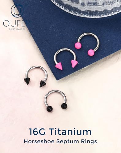 OUFER Horseshoe Septum Rings 16G, Internally Threaded Septum Piercing jewelry, G23 Titanium Pink Septum Piercing kit, Lip Helix Conch Cartilage Piercing Jewelry For Women Men - color: Black