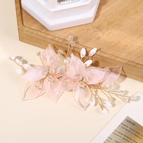 Wedding Hair Clips, Crystal Hair Pins Pearl Rhinestone Hair Barrettes, Bridal Flower Hair Pieces Pearl Headpieces Hair Accessories for Women Girls (Light Pink) - color: Light Pink